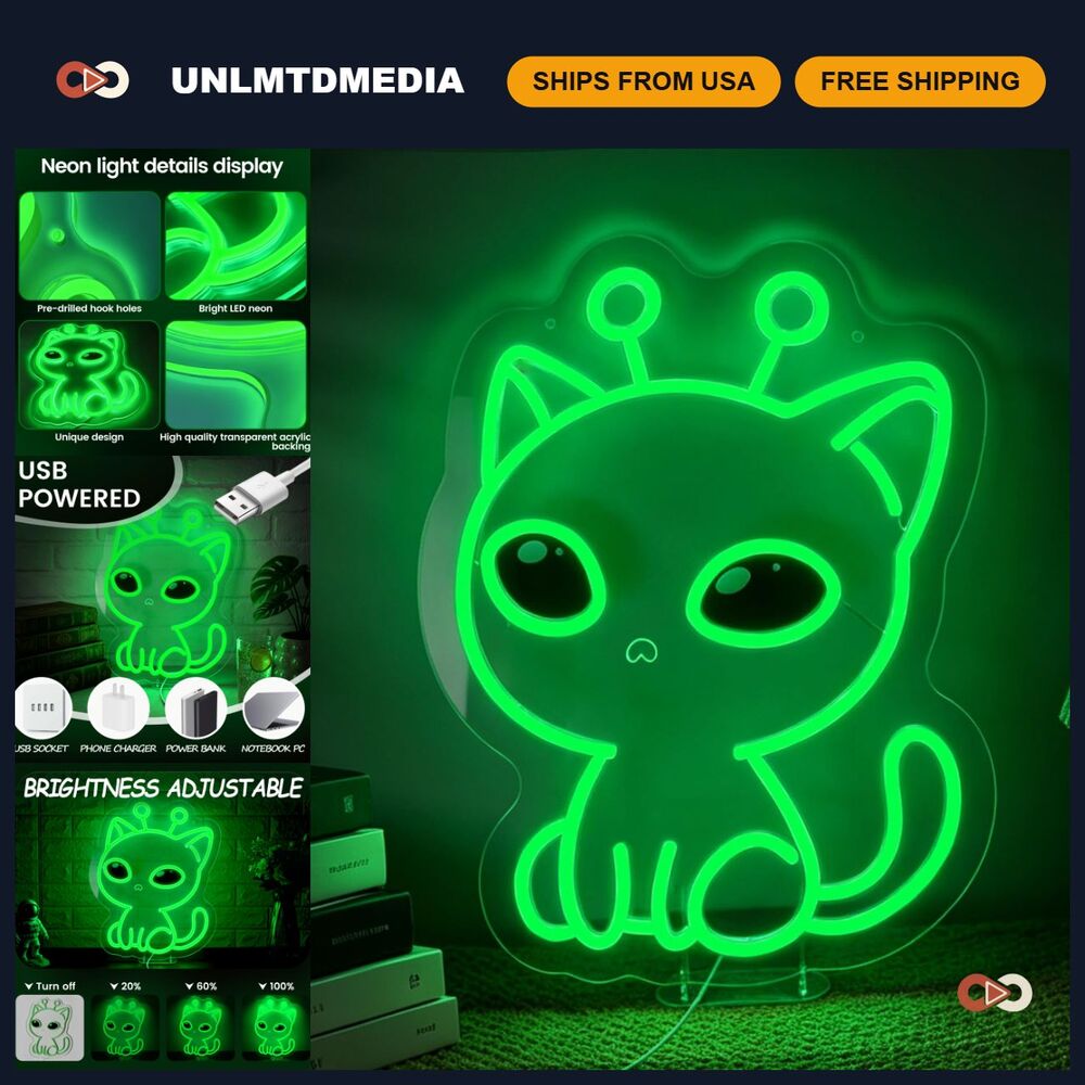 Neon Alien Cat Wall Decor - Dimmable LED Lights for Unique Home Decoration